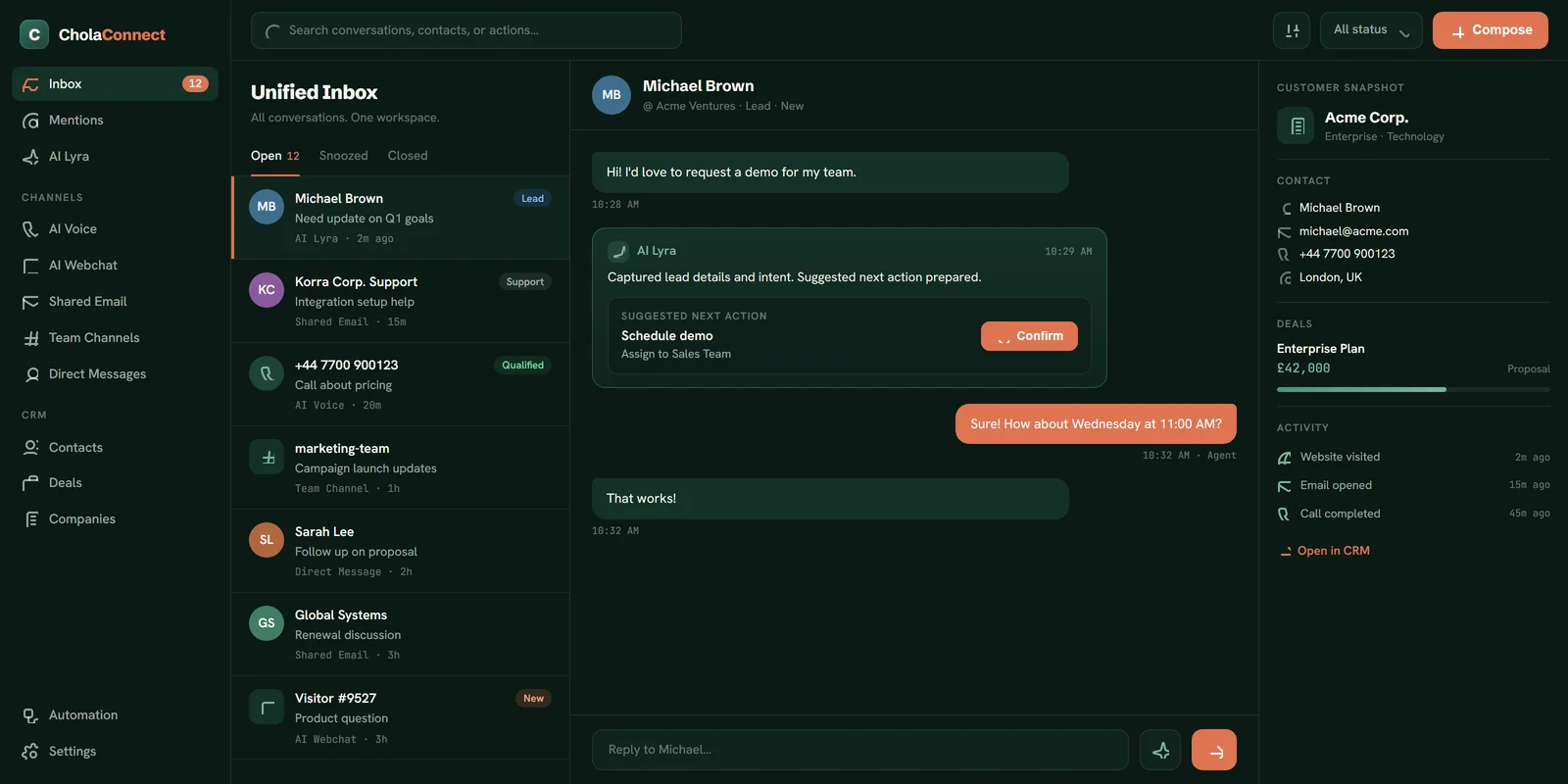 CholaConnect unified inbox — AI voice, webchat, email and team channels answered in one workspace