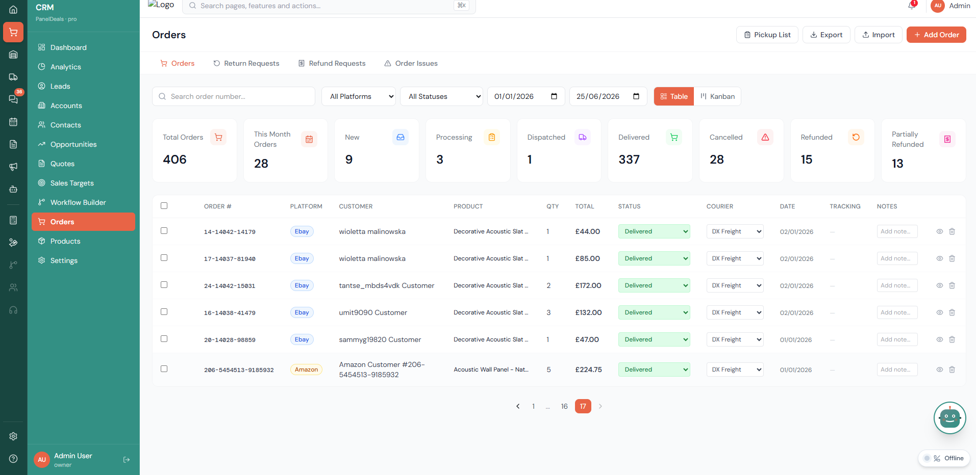 Order management screen in CholaVerse