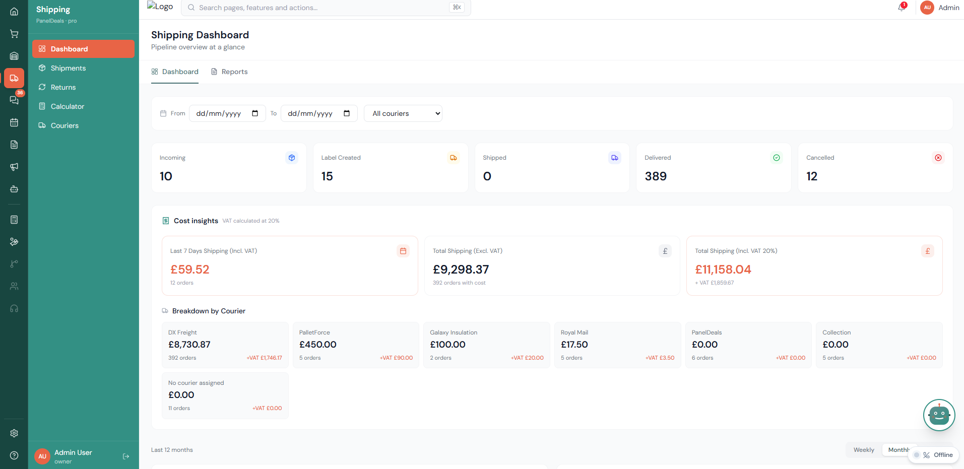 Shipping dashboard in CholaVerse